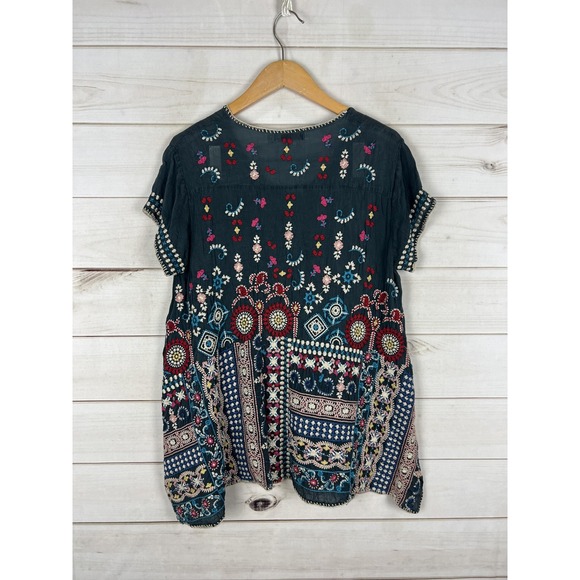 Johnny Was Shirt Womens Small Teal Embroidered Boho Tunic Top Cupra Rayon - Picture 2 of 9